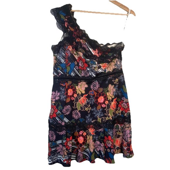 Foxiedox Boston Proper Red Black Lace Floral One Shoulder Mini Dress Size 12 - Picture 3 of 13